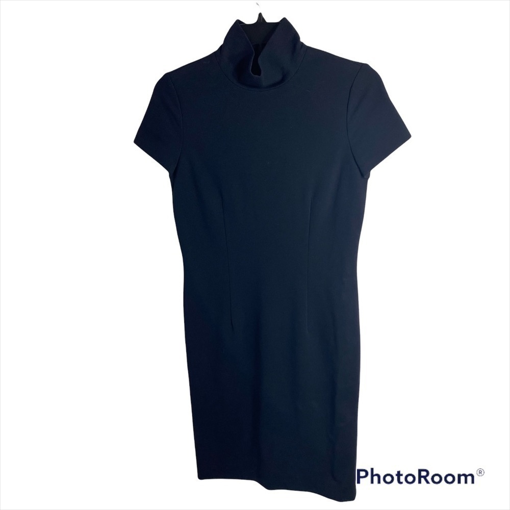 Eccoci Black Mock Neck Structured Sheath Dress Sz 2 Women’s Short Sleeve Midi